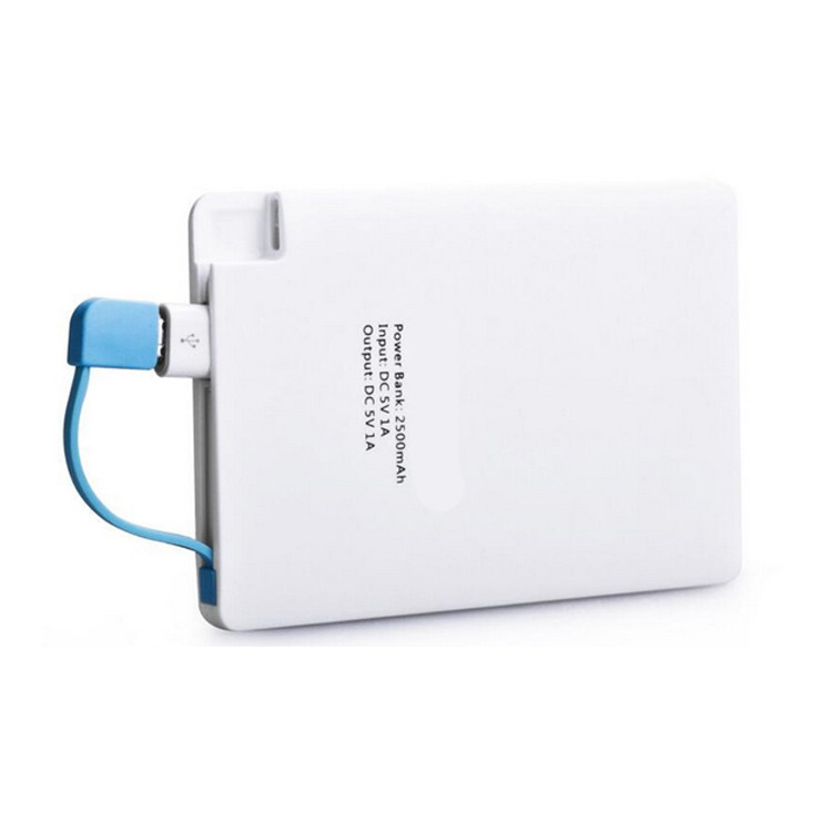 Ultra Slim Portable 2500mAh Credit Card Power Bank Built-in Cable