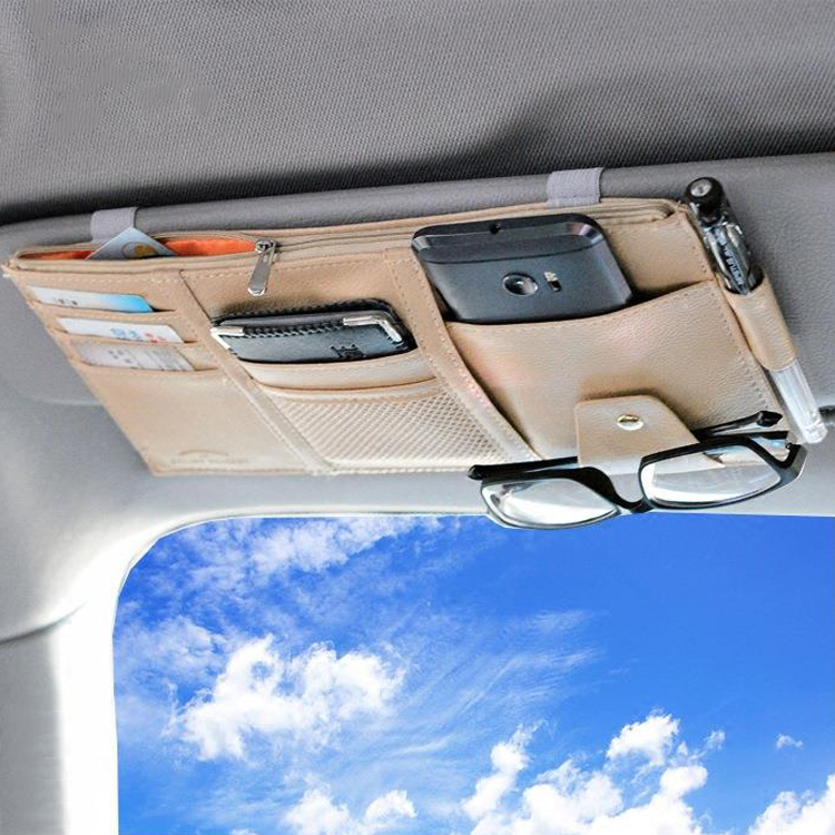 2019 hot sale multi-function zipper glasses clip pouch bag holder PU leather car sun visor organizer 