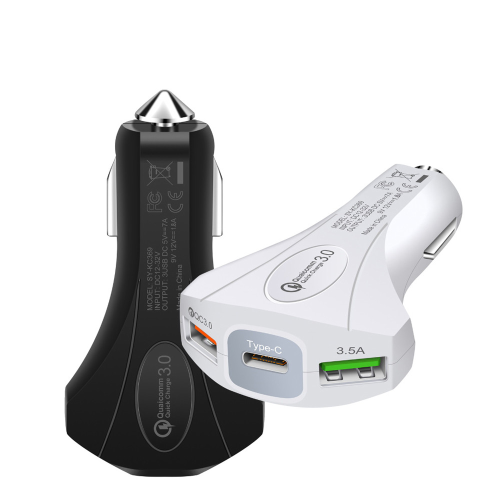 5V 7A 2 USB and Type-C Port Fast Charger Mobile Phone QC3.0 USB Car Charger 